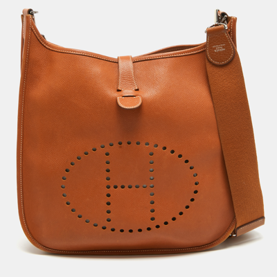 Pre-owned Hermes Gold Epsom Leather Evelyne I Gm Bag In Brown