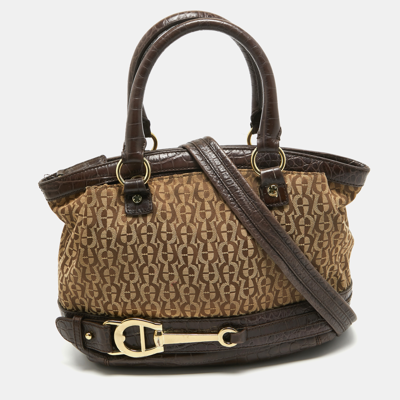 Pre-owned Aigner Dark Brown/beige Signature Canvas And Croc Embossed Leather Buckle Logo Satchel
