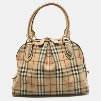 Pre-owned Burberry Gold/beige Haymarket Check Coated Canvas And Leather Thornley Satchel