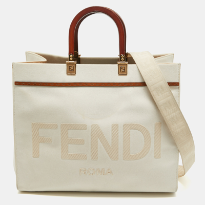 Pre-owned Fendi Off White Canvas And Leather Medium Sunshine Tote