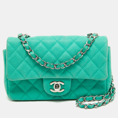 Pre-owned Chanel Green Quilted Caviar Leather New Mini Classic Flap Bag