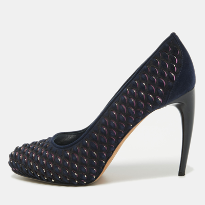 Pre-owned Alexander Mcqueen Navy Blue/pink Laser Cut Suede And Studded Satin Round Toe Pumps Size 37.5