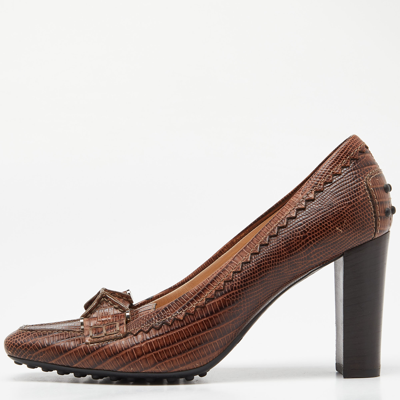 Pre-owned Tod's Brown Croc Embossed Leather Square Toe Loafer Pumps Size 36.5