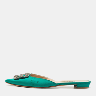 Pre-owned Manolo Blahnik Green Satin Hangisi Flat Mules Size 39