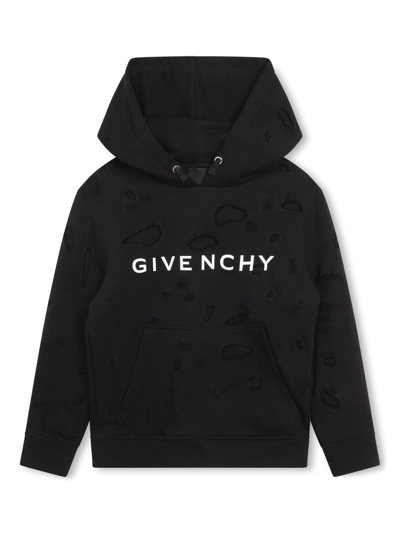 Givenchy Kids Logo Printed Distressed Hoodie In Black