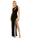 Mac Duggal One Shoulder Cut Out Mirror Sequin High Slit Gown In Black