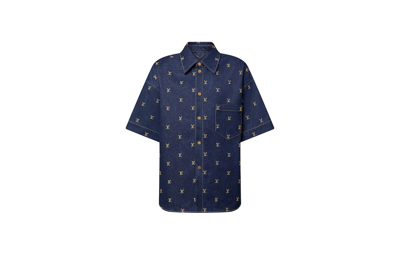 Pre-owned Louis Vuitton Embroidered Signature Short-sleeved Denim Shirt Indigo