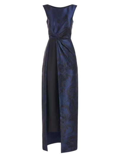 Kay Unger Amal Floral Jacquard Sleeveless Maxi Jumpsuit In Night Blue