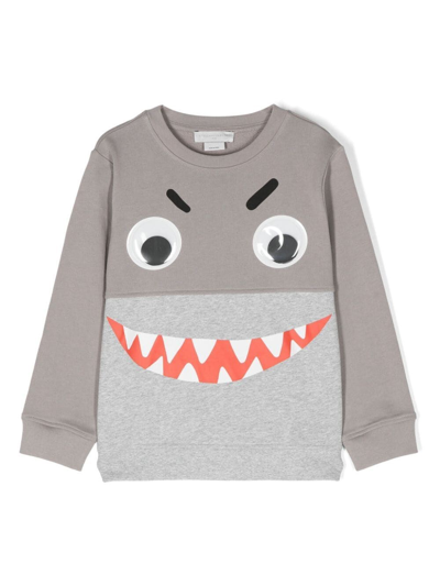 Stella Mccartney Kids' Shark Face 拼色卫衣 In Grey