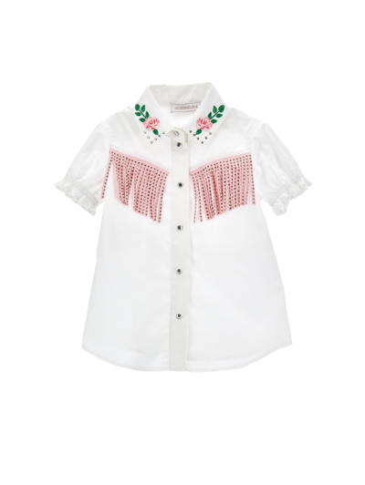 Monnalisa Kids' Fringed Cotton Shirt In White + Rosa Fairytale