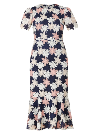 Shoshanna Thompson Floral Lace Flounce Midi Dress In Navy Ivory Blush