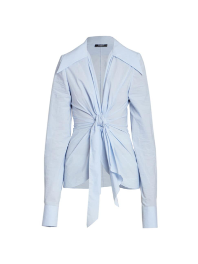 Balmain Mini Vichy Poplin Knotted Shirt In Slj Bleu Pale Blanc