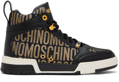 Moschino Black & Gold Allover Logo Sneakers In 00a * Fantasy Color