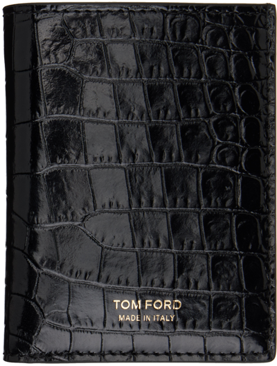 Tom Ford Black Printed Croc Folding Card Holder