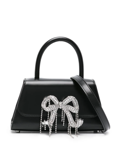 Self-portrait Bow Mini Leather Tote Bag With Crystal Details In Black