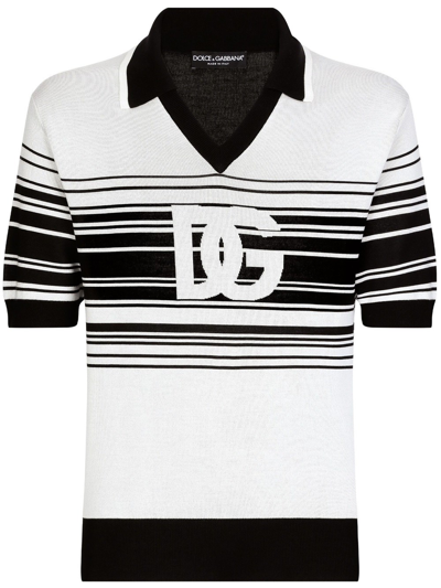 Dolce & Gabbana Stripe-print Silk Polo Shirt In White