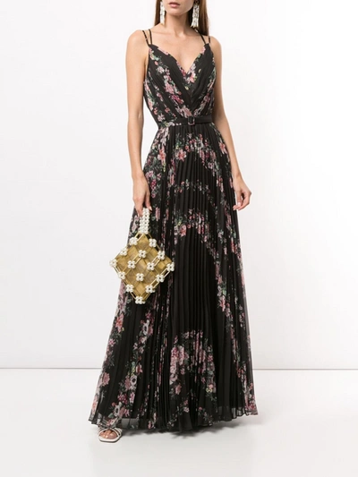 Marchesa Pleated Chiffon V-neck Gown In Black