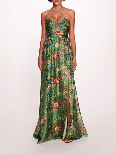 Marchesa Ribbons Cape Gown In Green Multi