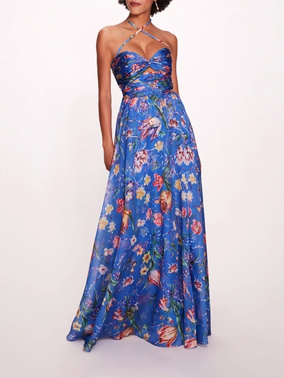 Marchesa Ribbons Cape Gown In Blue