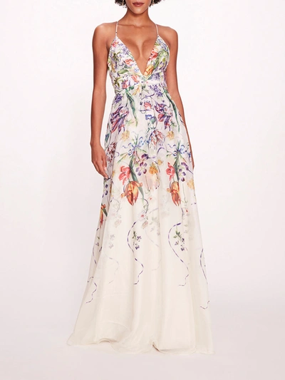 Marchesa Ribbons Gown In Ivory Multi