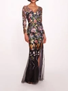 MARCHESA RIBBONS LONG SLEEVE GOWN
