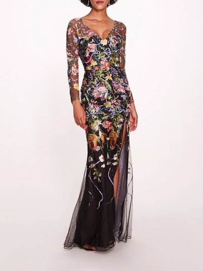 Marchesa Ribbons Long Sleeve Gown In Black Multi
