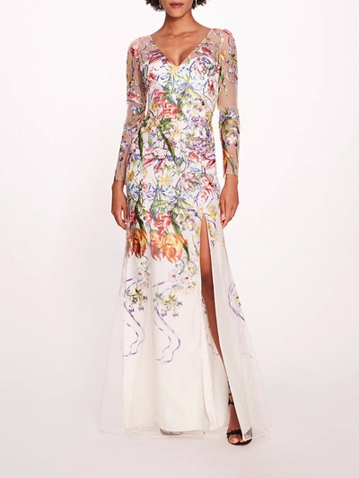 Marchesa Ribbons Long Sleeve Gown In Ivory Multi