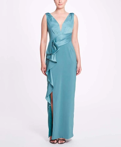 Marchesa Satin Deep V-neck Crepe Gown In Cerulean