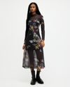 Allsaints Hanna Sanibel Floral Print Long Sleeve Mesh Maxi Dress In Black