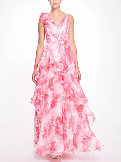 Marchesa Sleeveless V-neck Tiered Chiffon Gown In Carnation