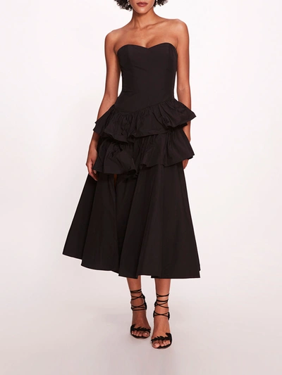 Marchesa Taffeta Tiered Midi Dress In Black