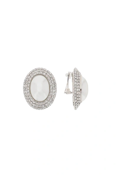 Alessandra Rich Oval Earrings With Pearl And Crystals In Silver,white