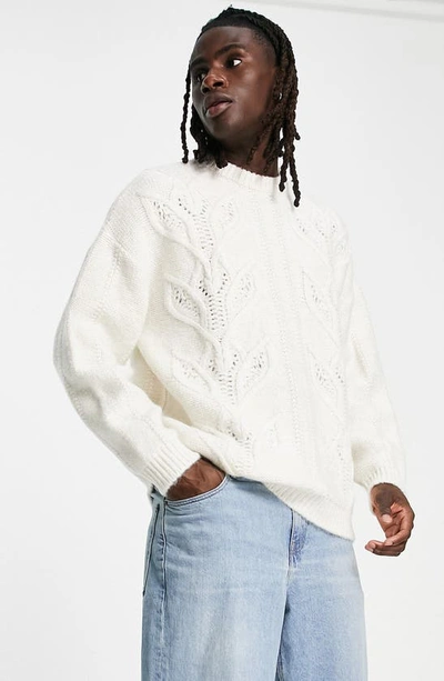 Asos Design Oversized Cable Knit Sweater In Beige-neutral In White