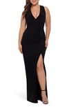 BETSY & ADAM RUCHED SIDE SLIT SLEEVELESS GOWN