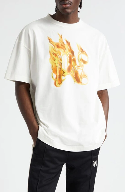 Palm Angels Burning Monogram Cotton Graphic T-shirt In Off White Gold