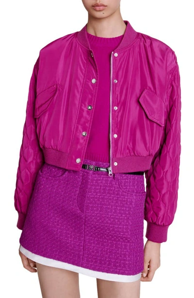 Maje Quilted Cropped Bomber Jacket In Fuchsia Pink