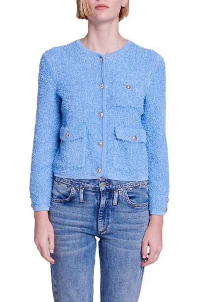Maje Sequin Knit Cardigan For Spring/summer In Blue