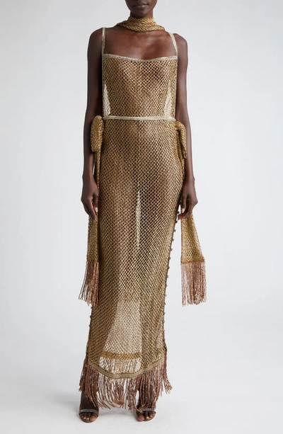 Bode Scarf-detail Mesh Maxi Dress In Gold