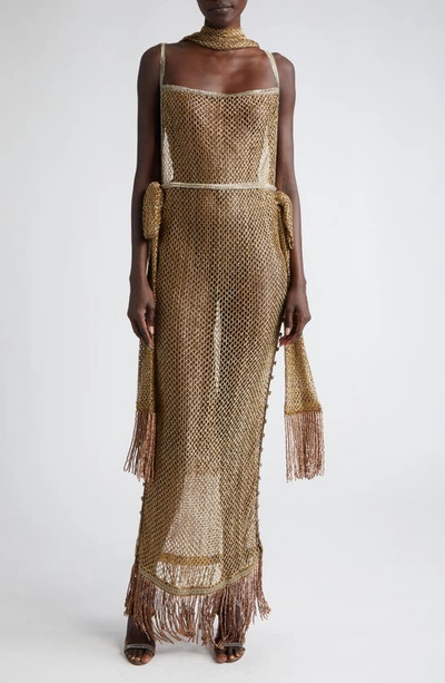 Bode Beaded Fringe Sheer Lamé Lace Maxi Dress In Gold