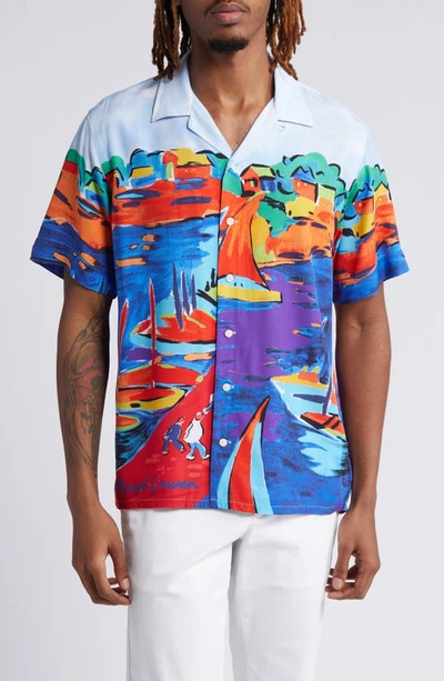 Polo Ralph Lauren Classic Fit Watercolor Print Short Sleeve Button-up Shirt In Blue