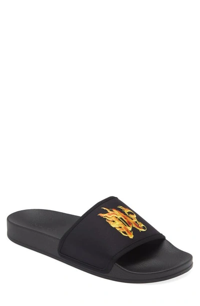 Palm Angels Burning Monogram Fabric Pool Slides In Black Orange