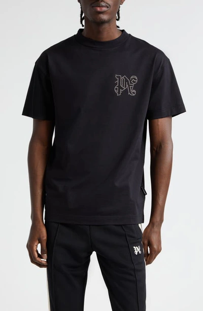 PALM ANGELS STUDDED MONOGRAM COTTON CREWNECK T-SHIRT