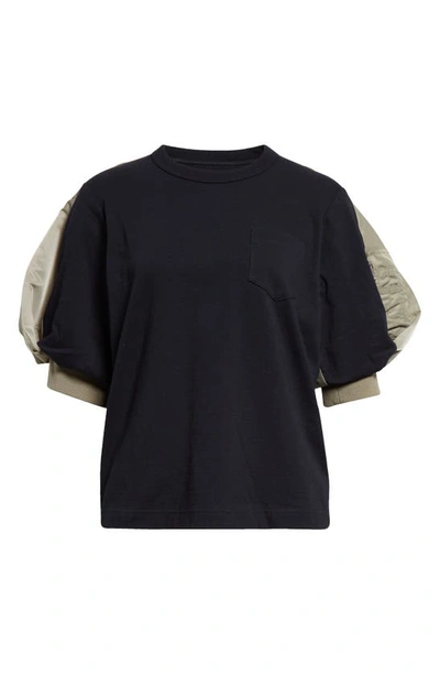 SACAI PUFF SLEEVE COTTON JERSEY & NYLON TWILL HYBRID TOP