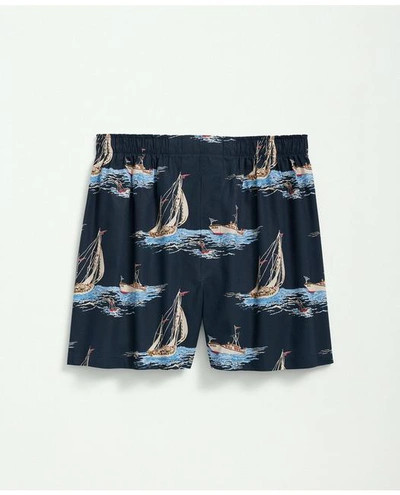 Brooks Brothers Cotton Broadcloth Sailboat Print Boxers | Navy | Size Xs