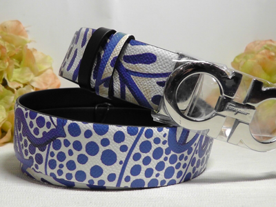 Pre-owned Ferragamo Salvatore  Black Multi Reversible Foliage Print Leather Belt Sz 100/39' In Black/white And Blue