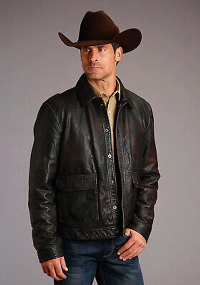 Pre-owned Stetson Mens Distressed Brown Leather Nickel Snap Jacket S