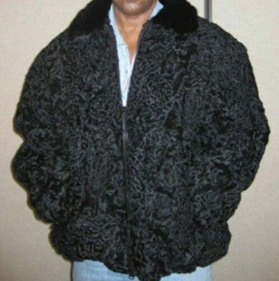 Pre-owned Handmade Black Real Persian Lamb Fur B3 Bomber Free Style Coat All Sizes Mink Fur Collar