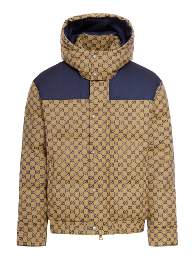 Gucci Gg Canvas Goose Down Jacket In Beige,blue