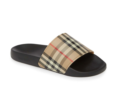 Pre-owned Burberry $395  Beige Vintage Check Logo Flip Flop Furley Rubber Sandal Slides In Black