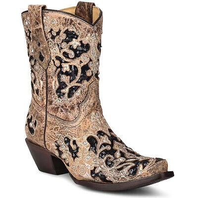 Pre-owned Corral Women's Brown Inlay And Embroidery And Studs And Crystals Ankle Boots